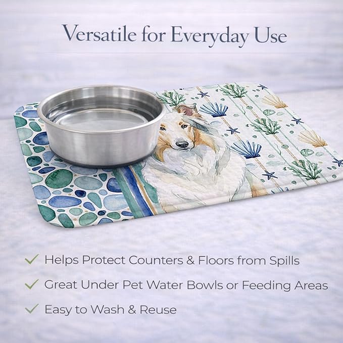 Caroline's Treasures White Collie Coastal Sea Glass Dish Drying Mat Absorbent Dish Drying Mat Pad for Kitchen Counter Dish Drainer Mat for Countertop 14 x 21 Multicolor