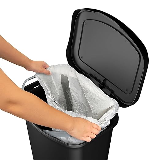 Glad Premium 13 Gallon Trash Can - Plastic Kitchen Waste Bin with Odor Protection of Lid Stainless Steel Step On Foot Pedal and Garbage Bag Rings Black