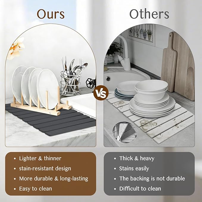 Large Stone Dish Drying Mat for Kitchen Counter Thin &amp Light Quick Dry Stone Dishes Mat Foldable Water Absorbing Diatomite Drying Pad for Kitchen Bathroom Sink Countertop (Pure Gray 24×16 &amp