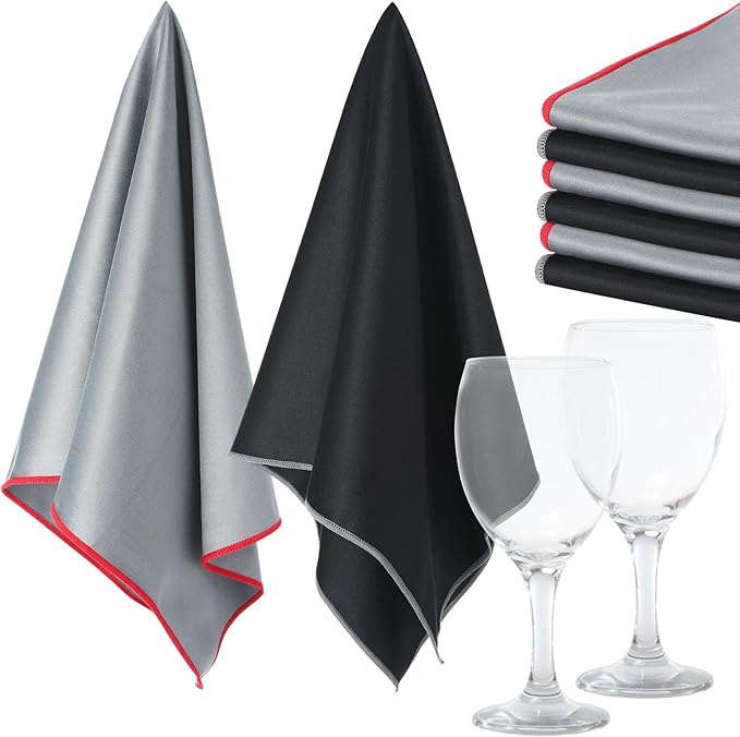 VitalCozy 6 Pcs Wine Glass Polishing Cloths Large Microfiber Cleaning Cloths 25 x 20 Inch Lintless Towels for Drying Wine Glasses Cleaning Window Stemware Dishes Glassware (Black Gray)