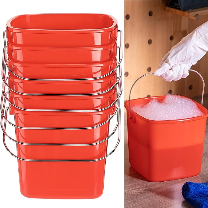 Zhehao 6 Pcs 3 Quart Bucket for Cleaning Small Sanitizer Bucket for Restaurant Square Plastic Pail with Handles for Home Offices Commercial Use Food Service(Red)