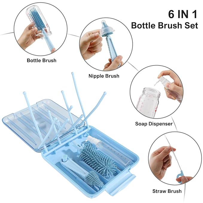 Bottle Brush Set -Baby Travel Essential-6 in 1 Bottle Cleaner Kit with Silicone Bottle BrushNipple Cleaner BrushStraw BrushSoap DispenserStorage BoxBottle Drying Rack for Home and Travel(Blue)