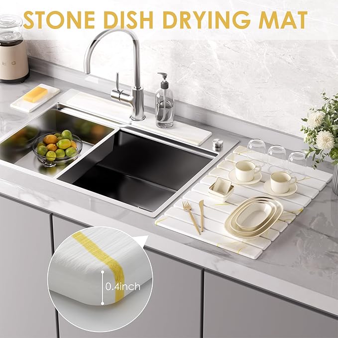 Stone Dish Drying Mat for Kitchen Counter 4-Piece Set with Diatomaceous Earth Dish Drying Mat Stone Faucet Mat and Small Drying Mat Super Absorbent Quick Dry for Dishes Cups Bottles