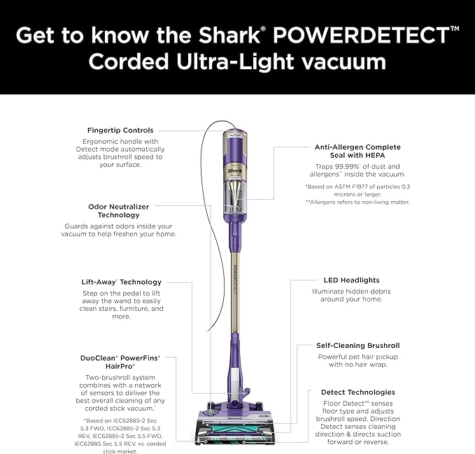 Shark POWERDETECT Ultra-Light Corded Stick Vacuum with DuoClean Technology Self-Cleaning Brushroll for No Hair Wrap Anti-Allergen Complete Seal and Odor Neutralizer Technology HZ4002