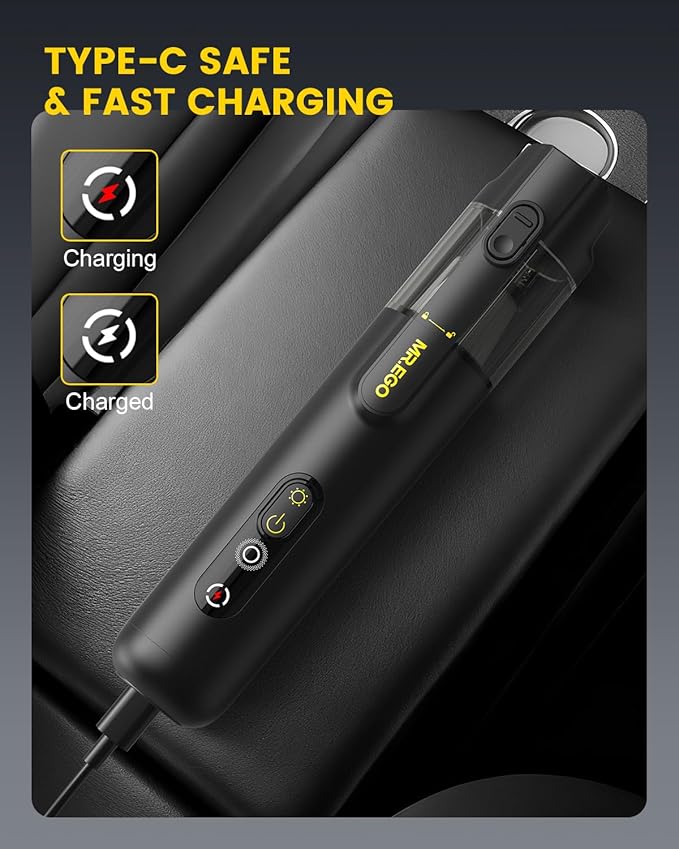 Mr.ego Car Vacuum Portable Cordless 20000Pa Mini Vacuum Cleaner &amp Air Duster 100000 RPM Brushless Motor Handheld Vacuum with LED Light and Multi-Nozzles for Car Home Office Pet (Black)