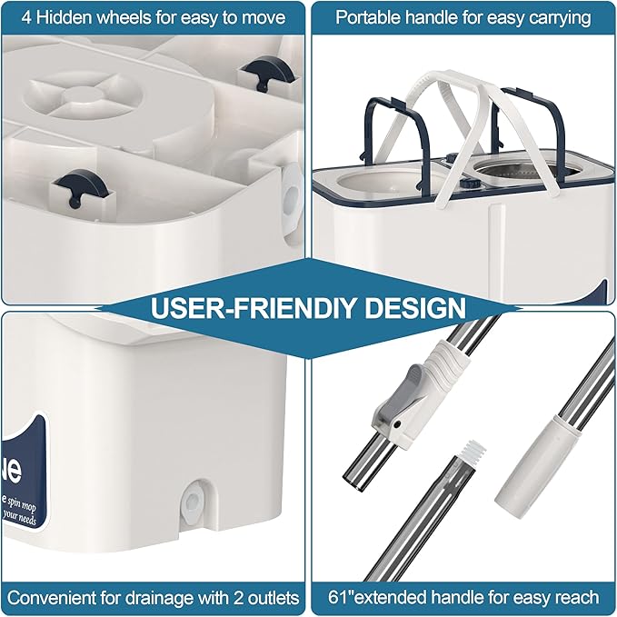 Gen 1 Large-Capacity Spin Mop and Bucket – for Big Homes &amp Deep Cleaning Days4-Chamber System Separates Dirty &amp Clean Water 2-GAL Heavy-Duty Design with Wheels &amp 6 Refill Mop Heads - Whi