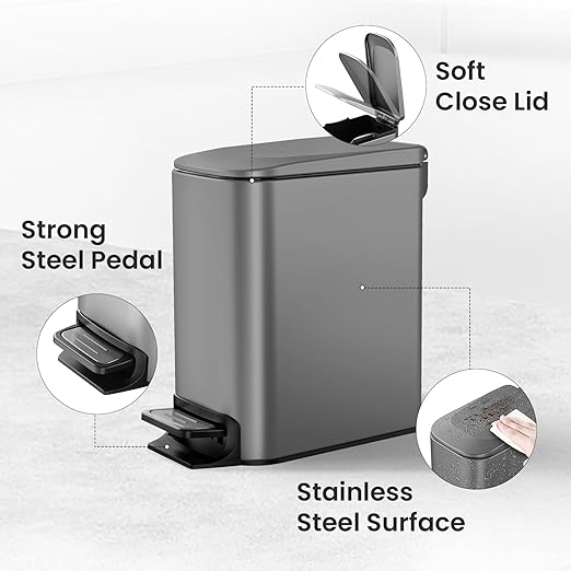 Cesun Small Bathroom Trash Can with Lid Soft Close Step Pedal 6 Liter / 1.6 Gallon Stainless Steel Garbage Can with Removable Inner Bucket Anti-Fingerprint Finish (Gray)