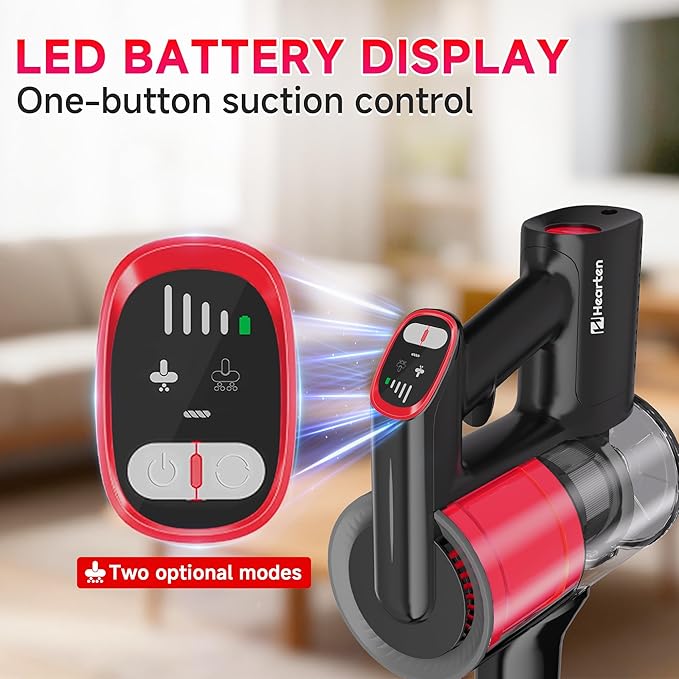 Hearten Cordless Vacuum CleanerUpgraded Stick Vacuum with LED Display Anti-Tangle Self-StandingAnti-TangleLightweightVacuum Cleaner for Home Pet Hair Carpet Hardwood Floor (A-Red)