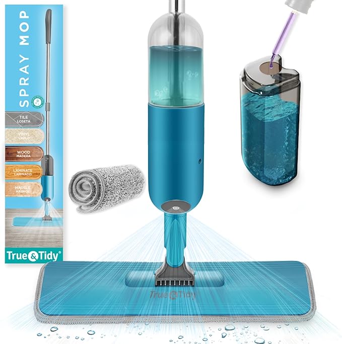 True &amp Tidy® SPRAY-250 Multi-Surface Spray Mop with Refillable Water Bottle for Floor Cleaning Works on Wood Tile Marble etc Use Any Cleaning Solution Machine Washable Microfiber Mop Pads Bl