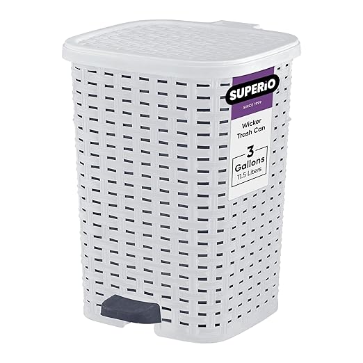 Superio Small Outdoor Trash Can with Lid for Dog Poop 3 Gallon/12 L Mini Plastic Garbage Can with Foot Pedal for Bathroom Bedroom Office Patio Wicker Smoke