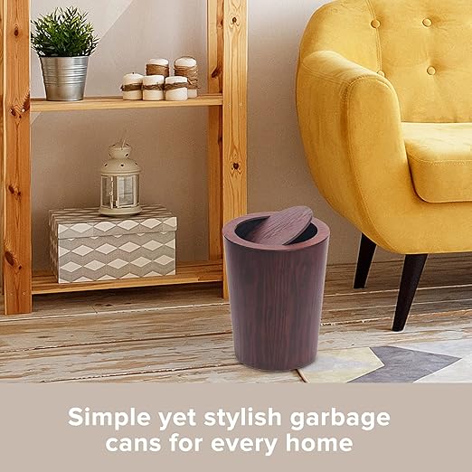 Modern Round Trash Can with LidReal Wood Waste Basket in Dark Brown9.25x7.5x11.8 Swing Top Small Trash CanDecorative Small Garbage Can for Bedroom Living Room Office &amp Bathroom8L/2.1Gal