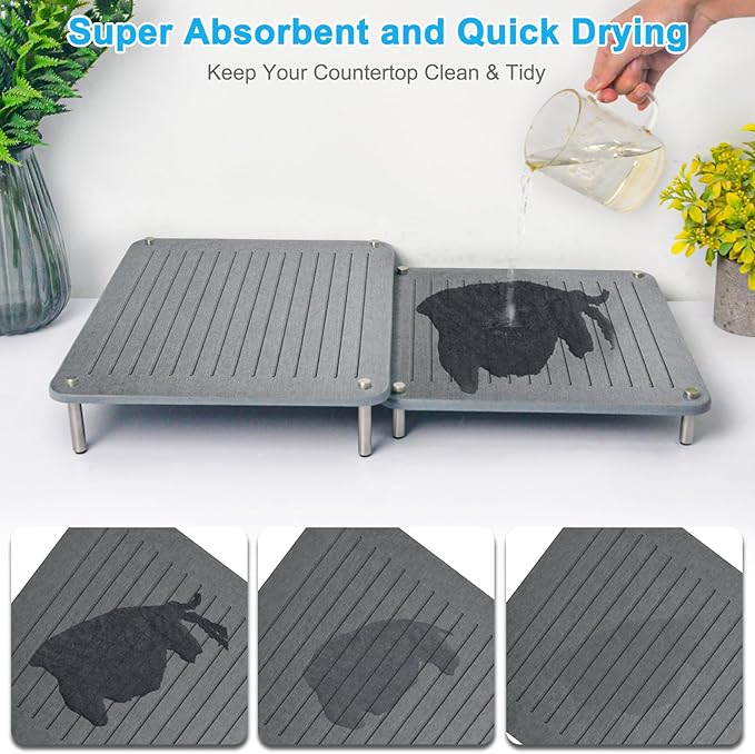 3Pcs Nesting Stone Drying Mat for Kitchen Counter Quick Drying Stone Dish Drying Mat with Non-Slip Feet Super Absorbent Heat Resistant Diatomaceous Earth Dish Drying Mat for Dishes Bottles-Linear