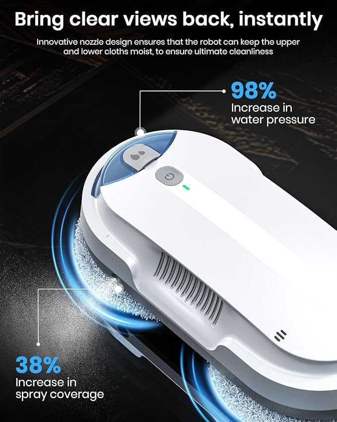 BNZ Smart Window Cleaning Robot Twin Turbo &amp Dual Auto-Spray Window Cleaner with Multiple Safety System AI Path Planning Frameless Edge Detection K1 (White)