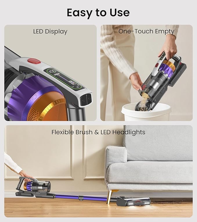 NADALY Cordless Vacuum Cleaner 650W 55KPA 70Mins Vacuum Cleaners for Home Anti-Tangle Self-Standing Stick Vacuum Cordless Rechargeable Lightweight Vacuum for Hardwood Floors/Pet Hair/Carpet