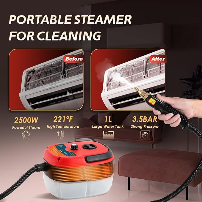 2500W Handheld Steam Cleaner Pressurized Steam Cleaning Machine with 3 Brush Heads 20s Heat Up 1L Tank Multipurpose Mini Portable Steamer for Tile Grout Furniture Kitchen Car Home