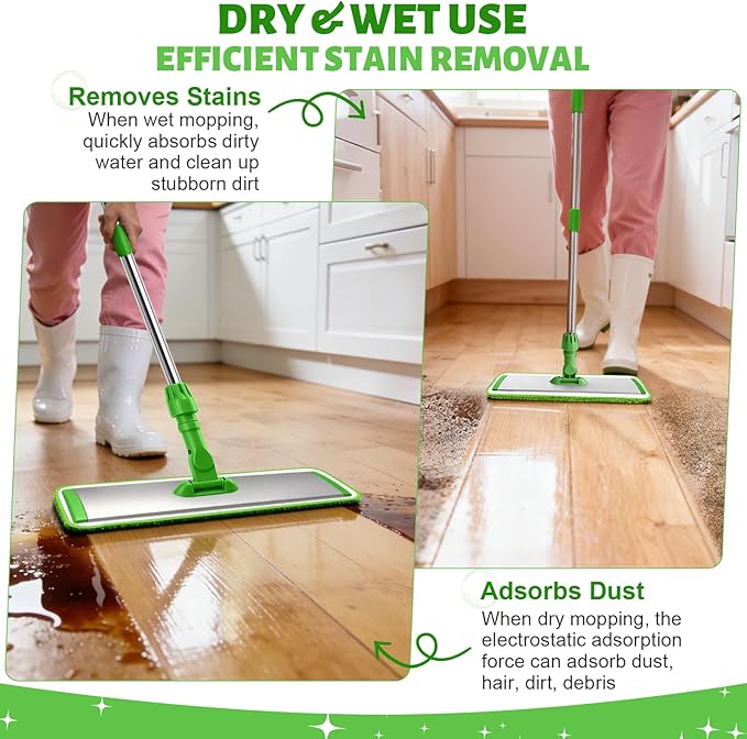 17.7 Microfiber Mop for Floor Cleaning 59in Long Adjustable Stainless Steel Handle 360° Rotating Large Flat Mops 4 Washable Pads for Dry &amp Wet Cleaning for Hardwood Vinyl Laminate Green