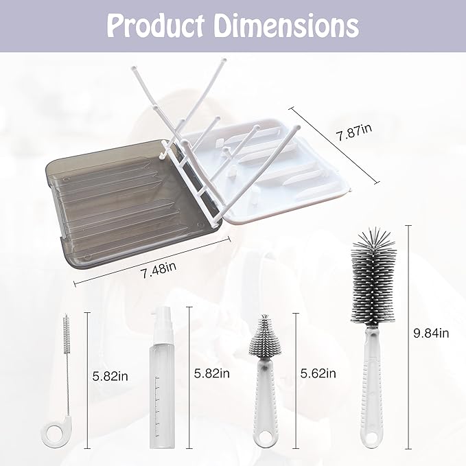 Baby Bottle Brush6 in 1 Bottle Cleaner Brush Kit with Extendable Silicone Bottle Brush Drying Rack Nipple Brush Straw Brush Soap Dispenser &amp Organizer Case Ideal Gifts for Babies &amp Moms