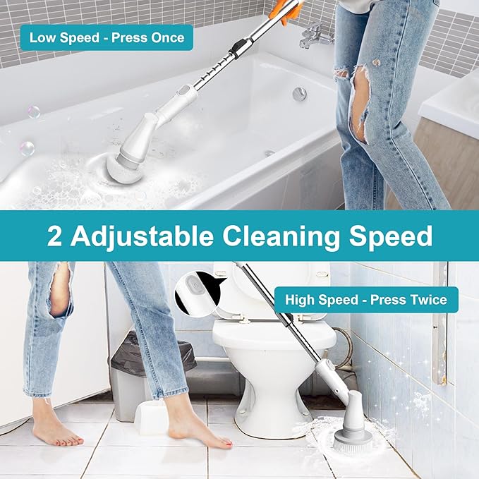 Ultrean Spin Brush Cordless Electric Spin Scrubber with 4 Replaceable Brush Heads Adjustable Extension Handle 2 Speed Shower Scrubber for Cleaning Bathroom Tile Floor Tub