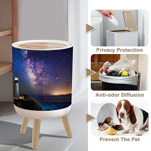Small Trash Can with Lid Milky Way Lighthouse Pescadero California 1.8 Gallon/7L Garbage Can Waste Bin with Pop-Up Lid Wood Legs Wastebasket for Bathroom Kitchen Bedroom