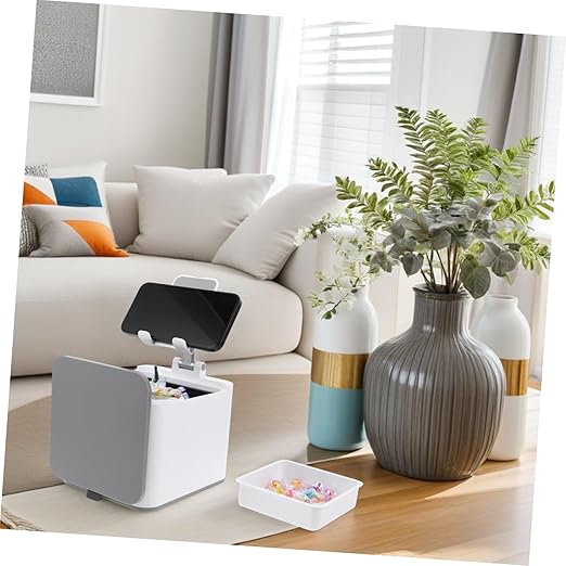 TEHAUX Mini Trash Bin with Phone Holder for Desk Portable Wastebasket for Home Office Travel and Car Compact Dual Purpose Design