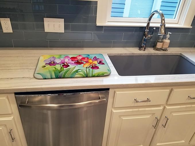 Caroline's Treasures DAC1592DDM Orchids in Watercolor Dish Drying Mat Absorbent Dish Drying Mat Pad for Kitchen Counter Dish Drainer Mat for Countertop 14 x 21 Multicolor