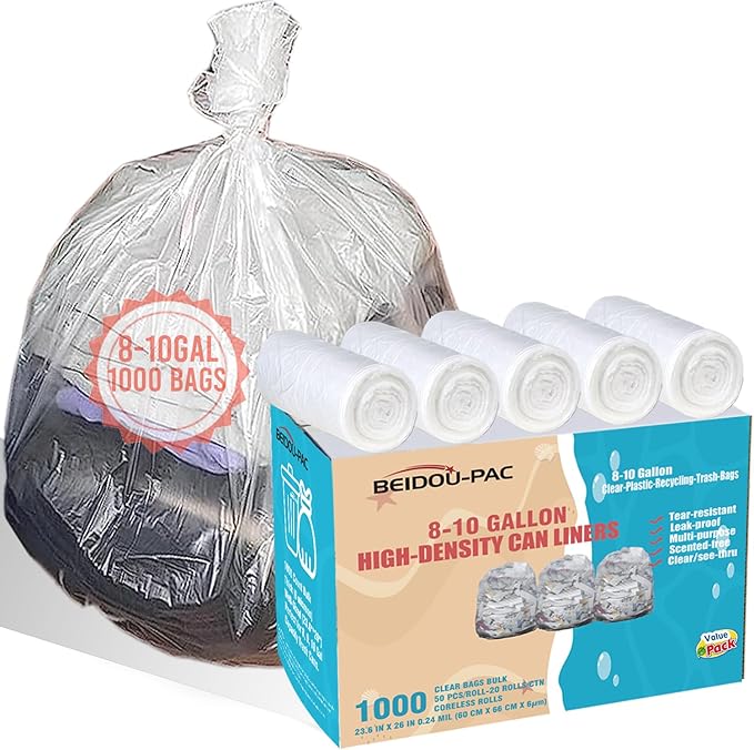 8-10 Gallon Trash Bags 1000 Count Unscented Clear Plastic Recycling Bags