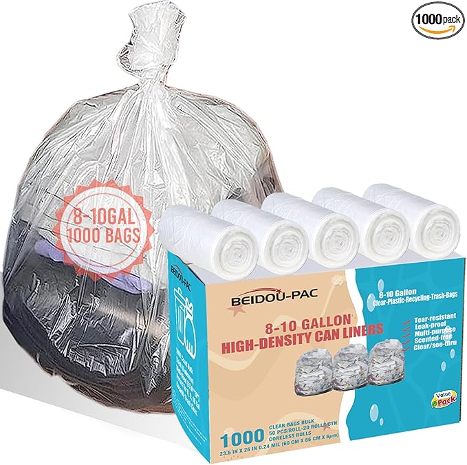 Trash Bags 8-10 Gallon 1000 Count Bulk Value Pack Clear Plastic Recycling Bags Multi-purpose Garbage Bags Can Liners for Business Home Kitchen Commercial and Industrial