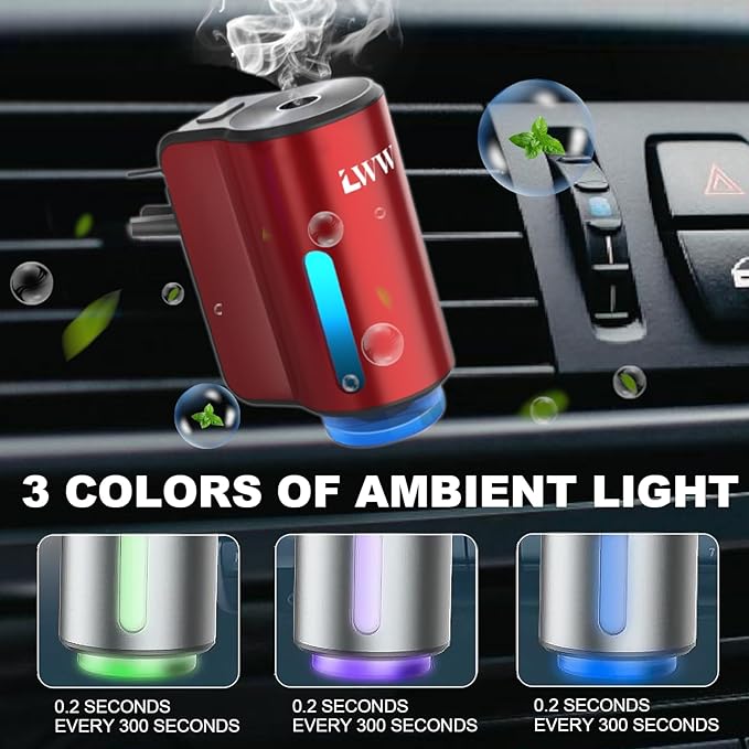 LWW Smart Car Air Freshener - 3 Levels Strength with Ventilation Clip Rechargeable Car Fragrance Atomizer - with 8 10ml Bottles of Fragrance Long Lasting Oil Diffuser (Red)