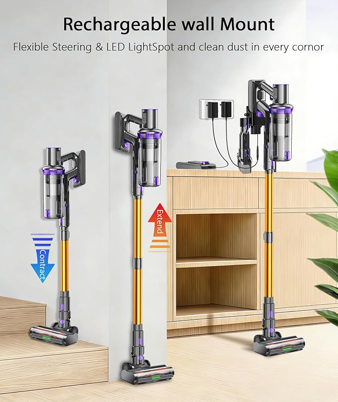 Cordless Vacuum Cleaner 600W 55KPA 60Mins Vacuum Cleaners for HomeAnti-tangle Wireless VacummRechargeable Vacuum With Green LightPowerful Stick Vacuum for Carpet/Hardwood FloorsPet HairPurple