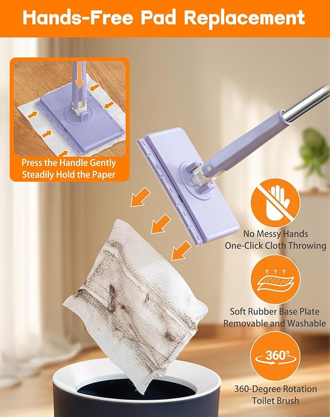 Snap Grip Mini Mop Cloth Changing Mini Mop Magic Cleaning Cloth 5 Automatic Gripping or Releasing 360° Rotating Head &amp Universal CompatibilityWet/Dry Use for Multi Cleaning(Purple 5 Cloth)