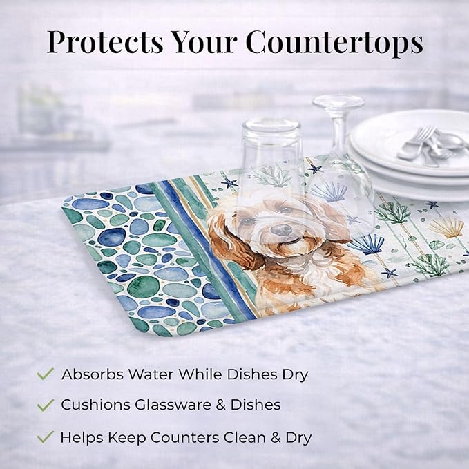Caroline's Treasures Cavapoo Coastal Sea Glass Dish Drying Mat Absorbent Dish Drying Mat Pad for Kitchen Counter Dish Drainer Mat for Countertop 14 x 21 Multicolor