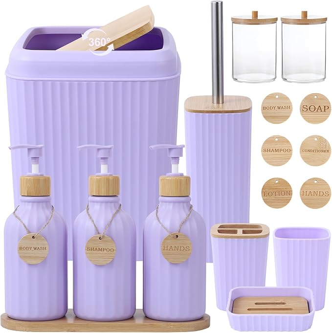 Light Purple Bathroom Accessories Set 17PCS Bathroom Set with Trash Can 3PCS Lotion Soap Dispenser Toothbrush Holder Soap DishTumbler Cup6PCS Wood Tags Bath Accessories with Tray for Bathroom