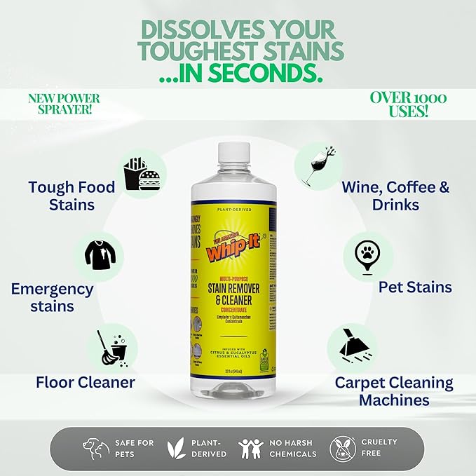 Whip It Cleaner Multi Purpose Stain Remover CONCENTRATE Makes 32 Bottles Plant Based Enzyme Cleaner Cleaning Food Grease Coffee Wine Baby Stains pet stains Over 500 uses Made in USA 32 OZ