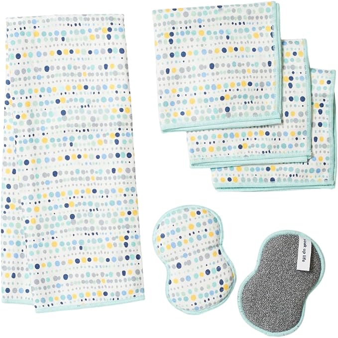 Kitchen Bundle in Dots Blue Super Absorbent Reusable Towel Counter Cleaners and Washable Sponges Made from Recycled Materials Eco Friendly 6 Piece Cleaning Set