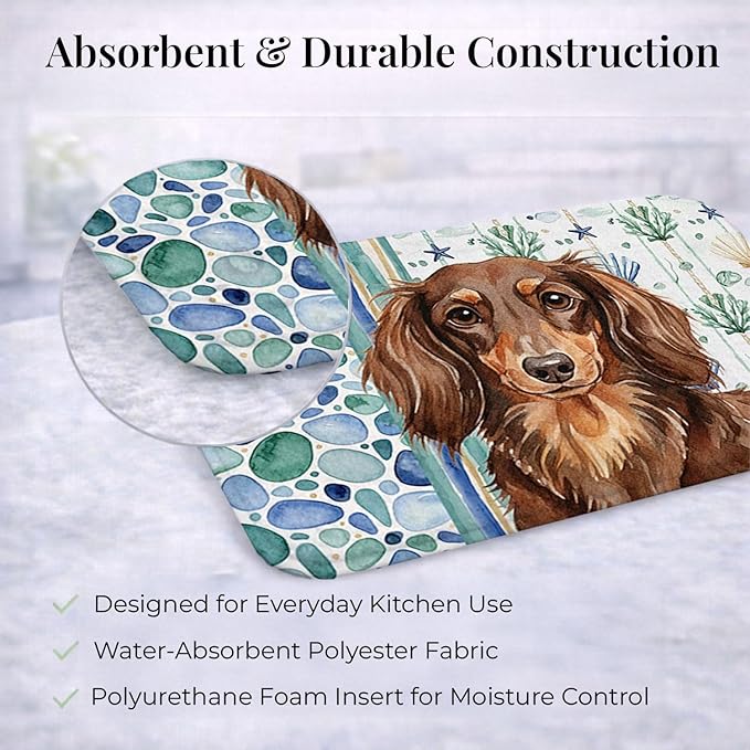 Caroline's Treasures Longhaired Chocolate and Tan Dachshund Coastal Sea Glass Dish Drying Mat Absorbent Dish Drying Mat Pad for Kitchen Counter Dish Drainer Mat for Countertop 14 x 21 Multicolor