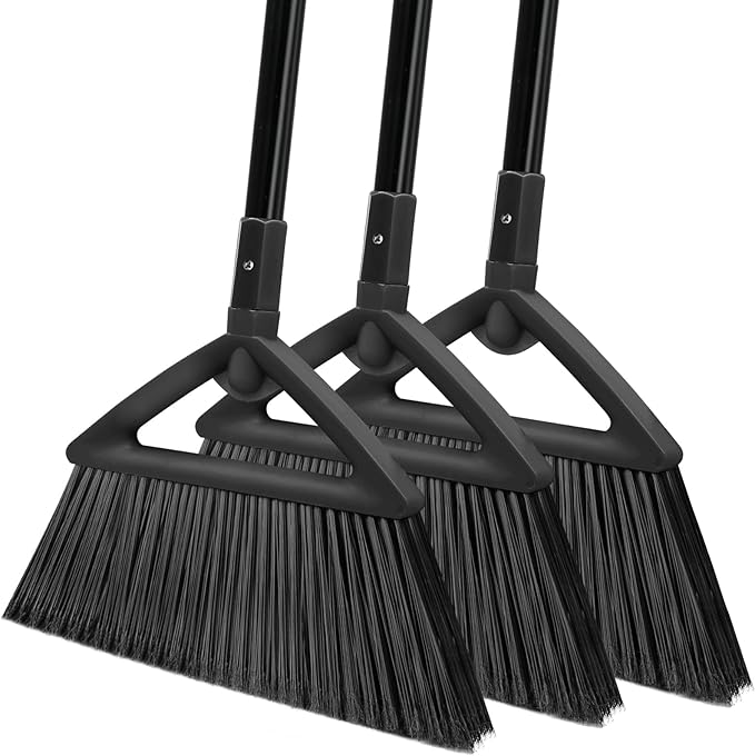 3PCS Heavy Duty Broom Broom for Sweeeping Indoor and Outdoor Angle Broom with Long Pole Outdoor Broom for Courtyard/Garages/Slidewalk Indoor Broom for Kitchen Lobby Cantee Black
