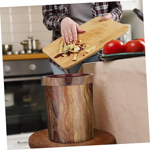 Vintage Wood Grain Wastebasket Small Trash Can with Pressure Ring Design for Kitchen Bathroom Bedroom Living Room Storage