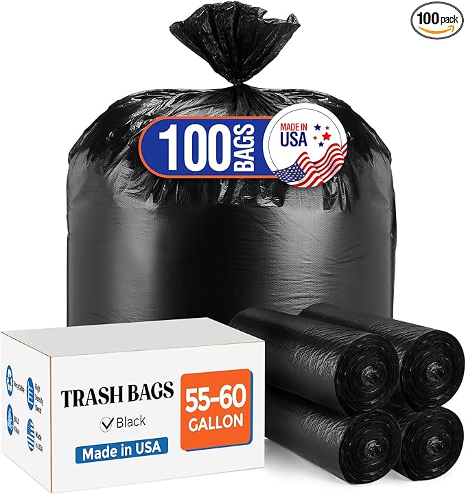 Delxo 55-60 Gallon Black Trash Bags 100 Count – 0.9 Mil Medium Duty Garbage Bags Thick Durable &amp Puncture-Resistant Plastic Perforated Design – Made in USA for Kitchen Yard Office &amp Part
