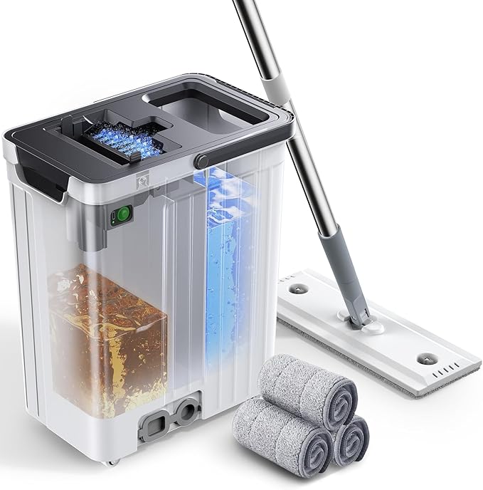 Mop and Bucket Set | Auto-Spray Cleaning | Dirty Water Separation Keep Water Fresh | Flat Mop &amp Bucket with Scraper | 3X Washable Pads | Mops for Floor Cleaning All Floors Tile Wall Window