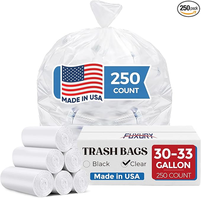 Fuxury 30-33 Gallon Trash Bags Medium Duty 250 Count Garbage Bags 32 x 38 Extra Large Clear Trash Bags 0.6 Mil Plastic Bags for Serious Garbage Cleanup Made in USA