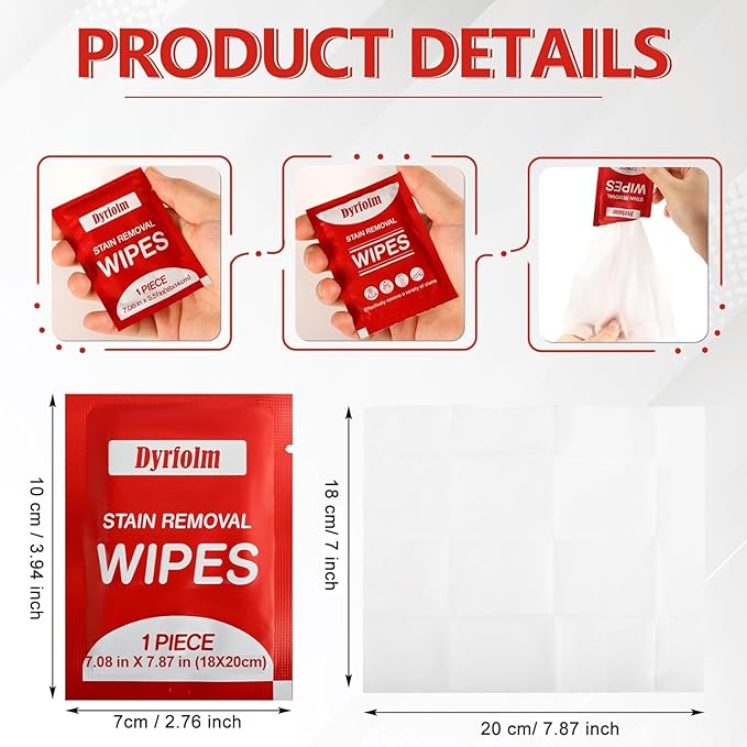 200 Pack Stain Remover WipesIndividual Wrapped Wipes for ClothesMini Travel Stain Removal WipeCleaning Wipesfor Clothes Fabric laundry StainTableclothCar Seats Upholstery