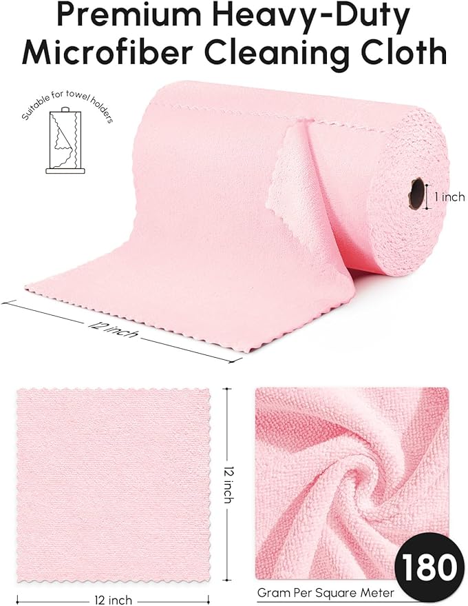 Microfiber Cleaning Cloths Roll 225 Pack Tear Away Microfiber Towels Roll 12 x 12 Lint Free Rags Reusable Cleaning Cloths Washable Scratch FreeUltra Absorbent Dish Rags(Pink)