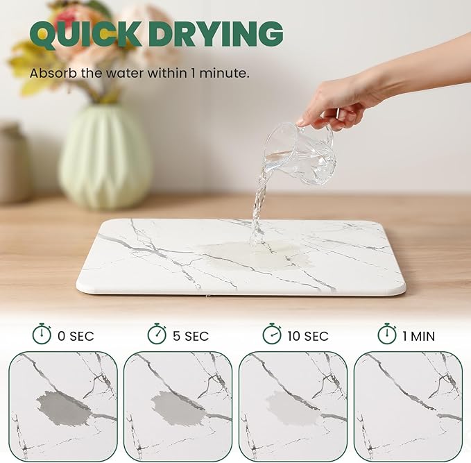 2 Pack Quick Dry Stone Drying Mat for Kitchen Counter Water-Absorbent Diatomaceous Dish Drying Mats Multi-Purpose Stone Drying Tray for Cups Dishes Bottles White-Marble
