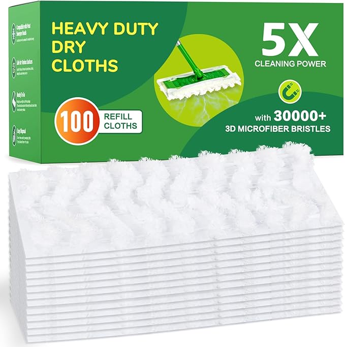 100ct Dry Sweeping Cloths for Swiffer Sweeper Mop Heavy Duty Microfiber Duster Mop Pad Refills Captures Dust &amp Pet Hair for Hardwood Floors and Multi-Surface Cleaning