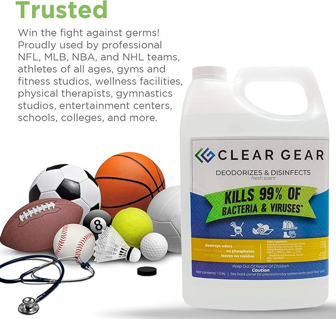 Clear Gear Gym Disinfectant Mat Cleaner and Gym Equipment Deodorizer for Sports Equipment and Fitness Centers - EPA-Registered Hospital Grade Disinfectant Made in USA - (4) 1 Gallon Bottles