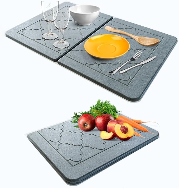 BARTEQ Large Stone Dish Drying Mat 23.6” X 15.4 Foldable Diatomaceous Drying Mat for Kitchen Counter Non-Slip Quick Drying Stone - Moroccan Trellis Grey