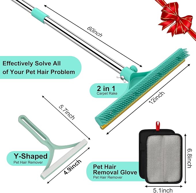 Carpet Rake for Pet Hair Removal - 60 Adjustable Long Handle Carpet Rake 3 in 1 Reusable Pet Hair Removal Tool Kit Cat Dog Fur Rakes Scraper Carpet Broom for Carpets Rugs Mats
