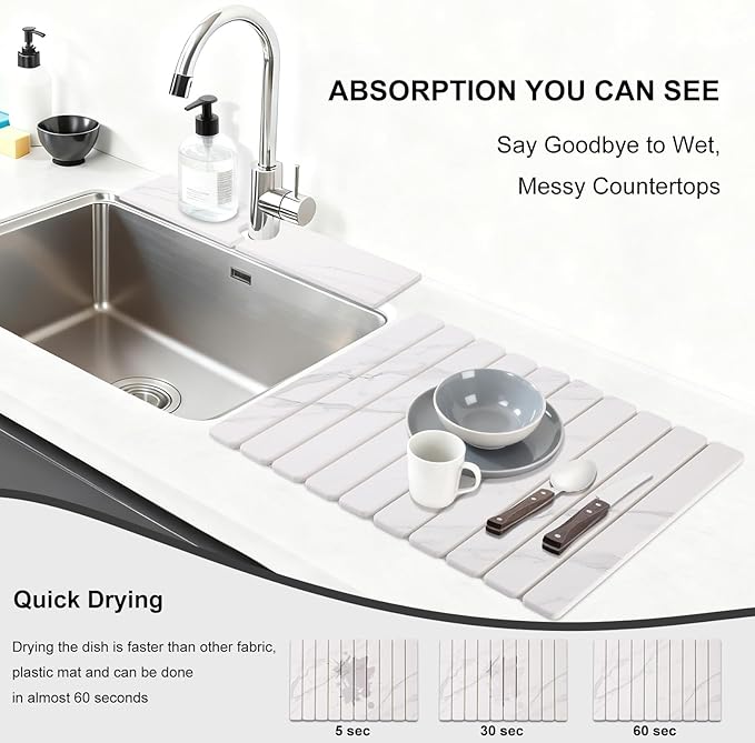 3 PCS Large Stone Dish Drying Mat for Kitchen Counter Quick Dry Stone Dishes Mats Sink Faucet Mat Marble Water Absorbing Diatomaceous Earth Drying Pad for Countertop Tableware Bottles