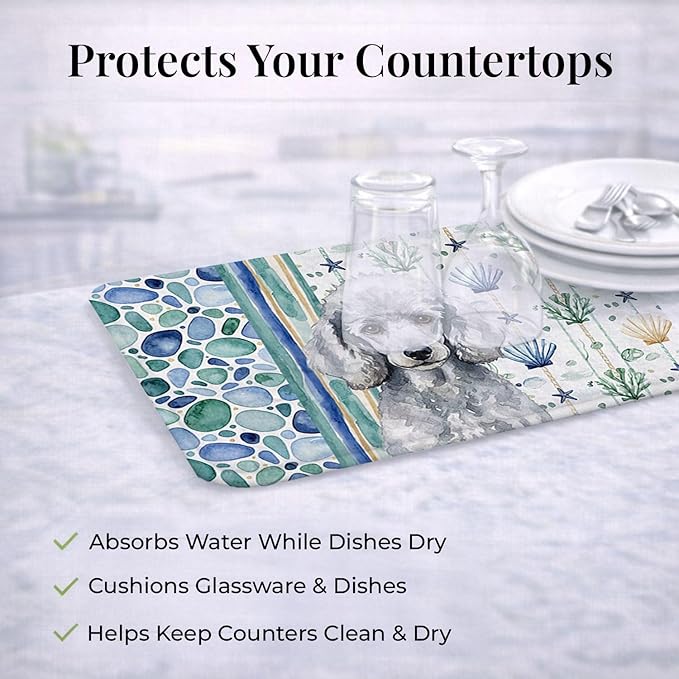 Caroline's Treasures Standard Silver Poodle Coastal Sea Glass Dish Drying Mat Absorbent Dish Drying Mat Pad for Kitchen Counter Dish Drainer Mat for Countertop 14 x 21 Multicolor