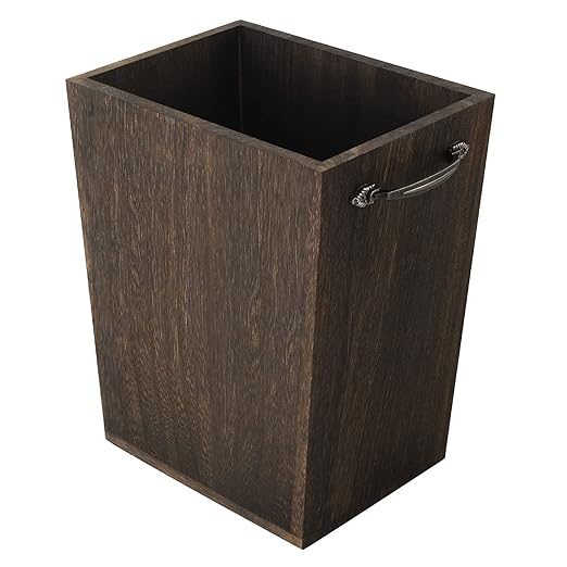 Trash Can Wastebasket Wood Garbage Container Bin with Built-in Double Metal Handles for Office Bedroom and Bathroom Dark Brown